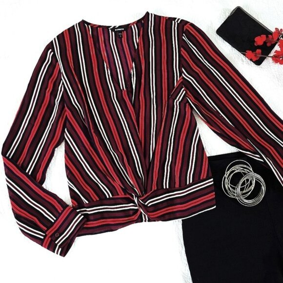 Express Women's Blouse Size Large Red Burgundy Striped Long Sleeves V Neck Twist - Picture 1 of 11